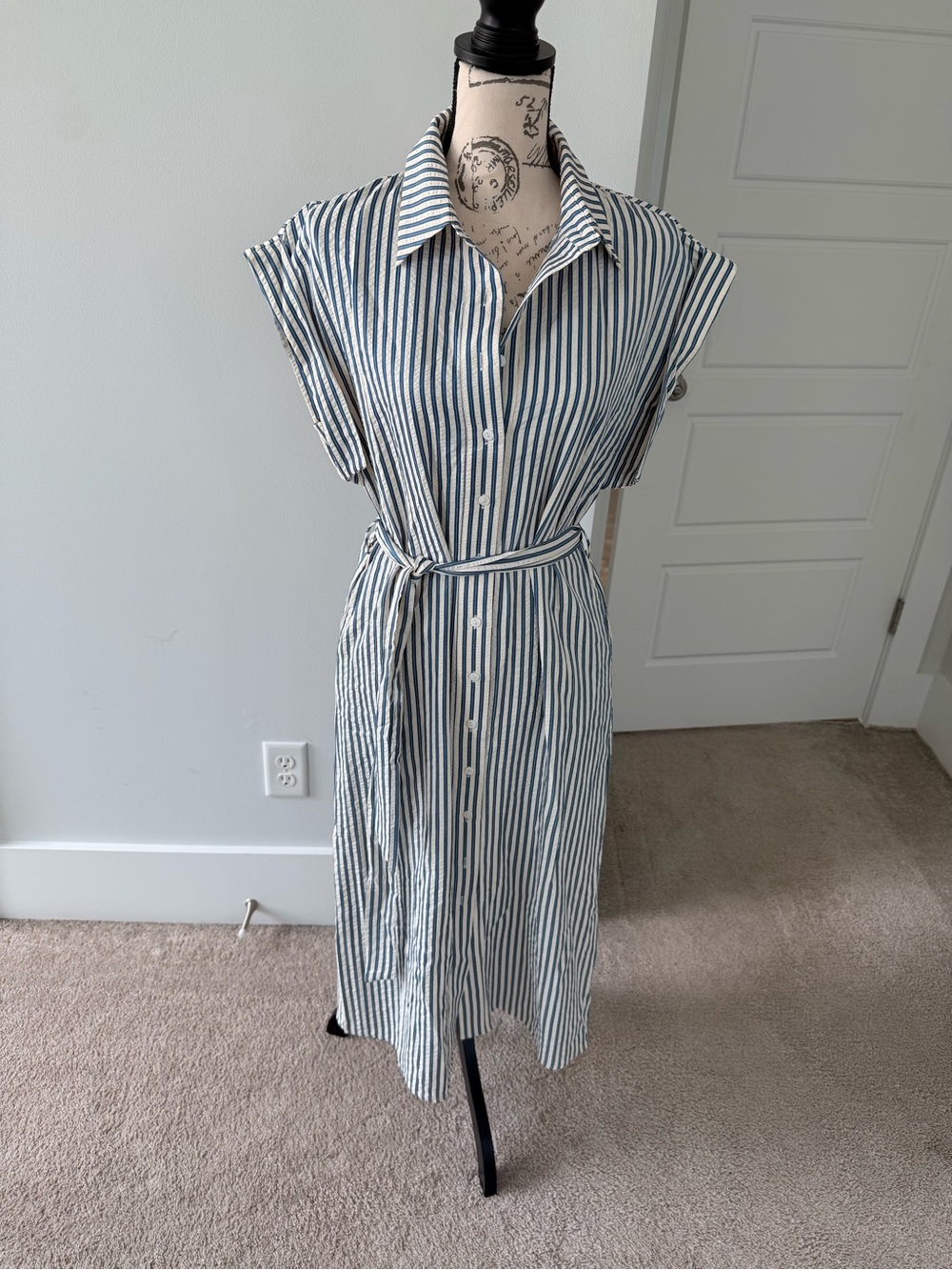 NWT THML Striped Button-Front Shirt Dress with Tie Belt - Blue & White